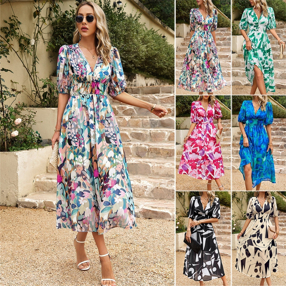 Elegant dress with a V-neck and printed waist