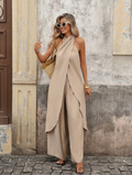 2-piece set of backless top with asymmetrical hem and solid-color pants