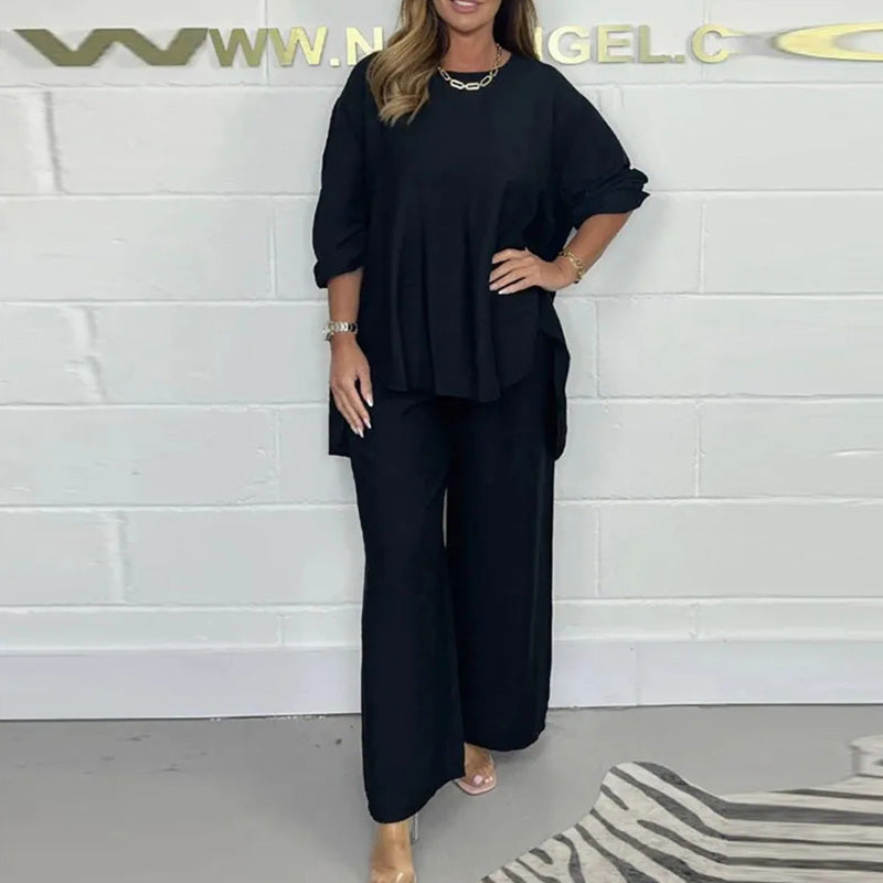 Women's long-sleeved top and wide-leg trousers set