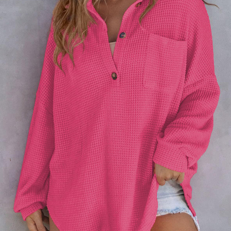 Loose-fitting, solid-color waffle-knit shirt for women